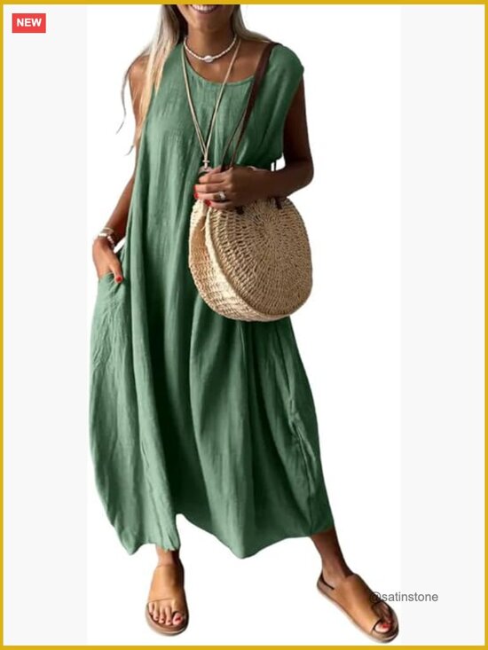 Dresses & Skirts - Sleeveless Linen Tank Dress A-Line Midi Beach Dress